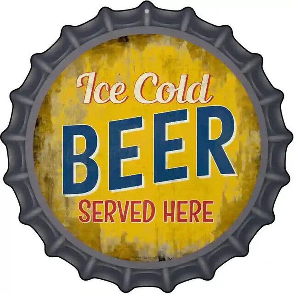 Ice Cold Beer Served Here 12" Novelty Metal Bottle Cap Style Sign NEW! Home & Garden:Home Décor:Plaques & Signs Style Your Walls